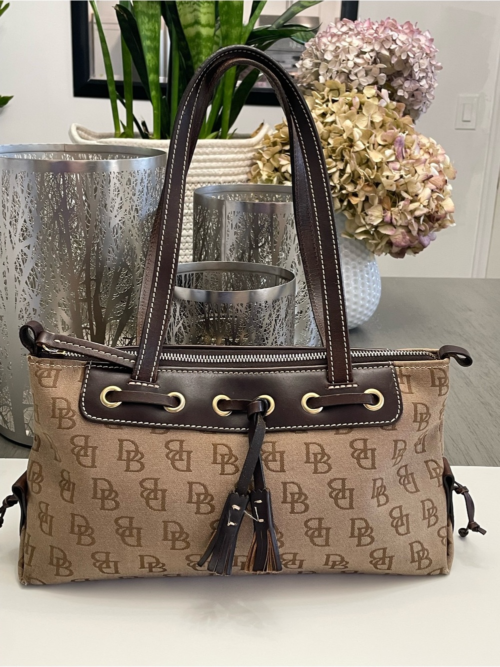 Dooney & Bourke DB Monogram Drawstring Tote Brown